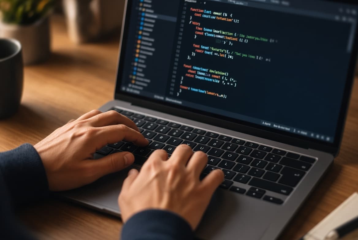 Des mains sur le clavier d'un ordinateur portable affichant du code