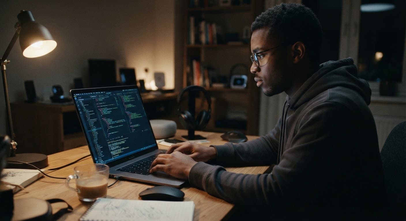 Un développeur concentré devant son ordinateur, le soir