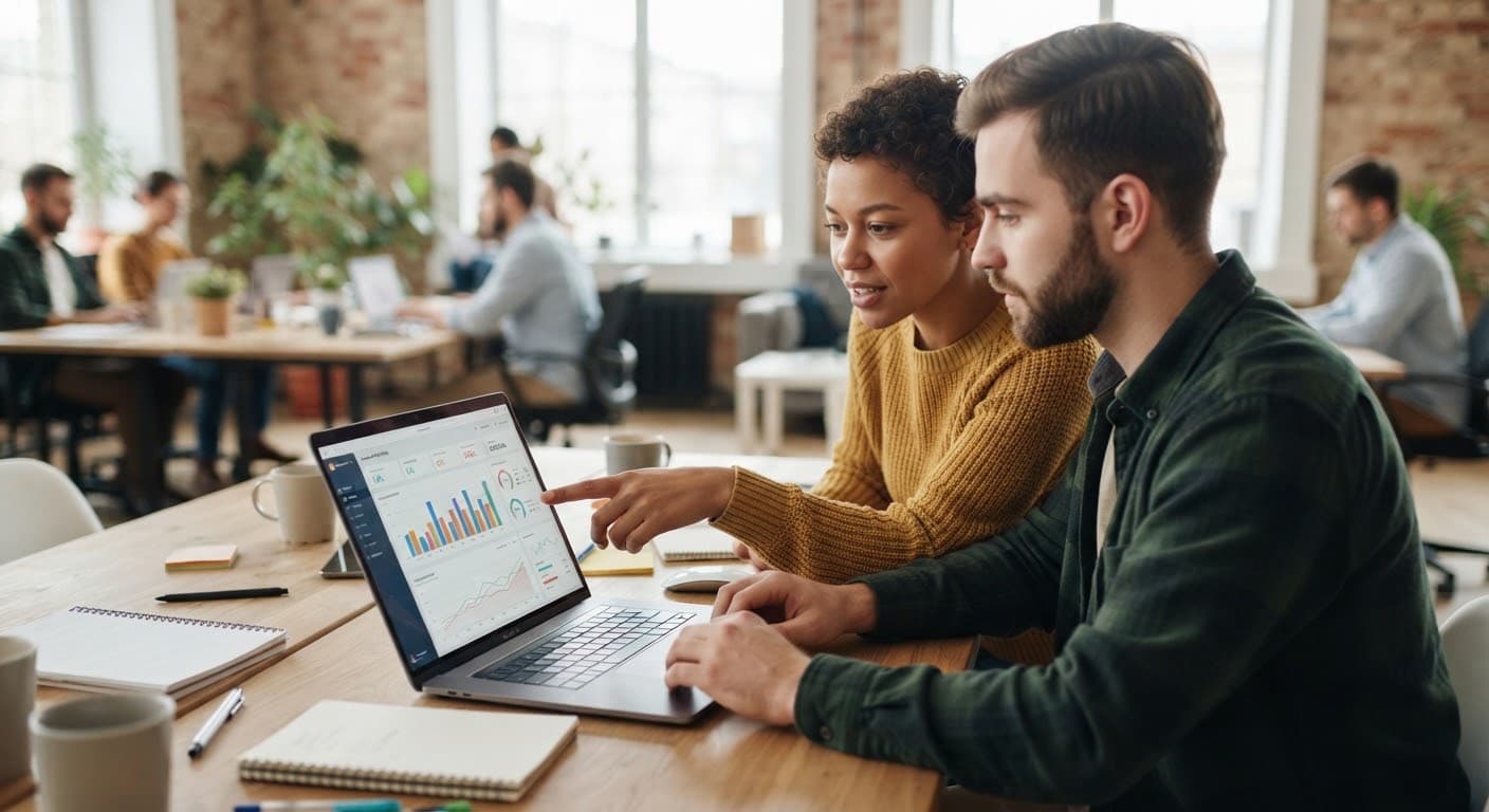 Deux collègues analysent un tableau de bord sur un ordinateur portable