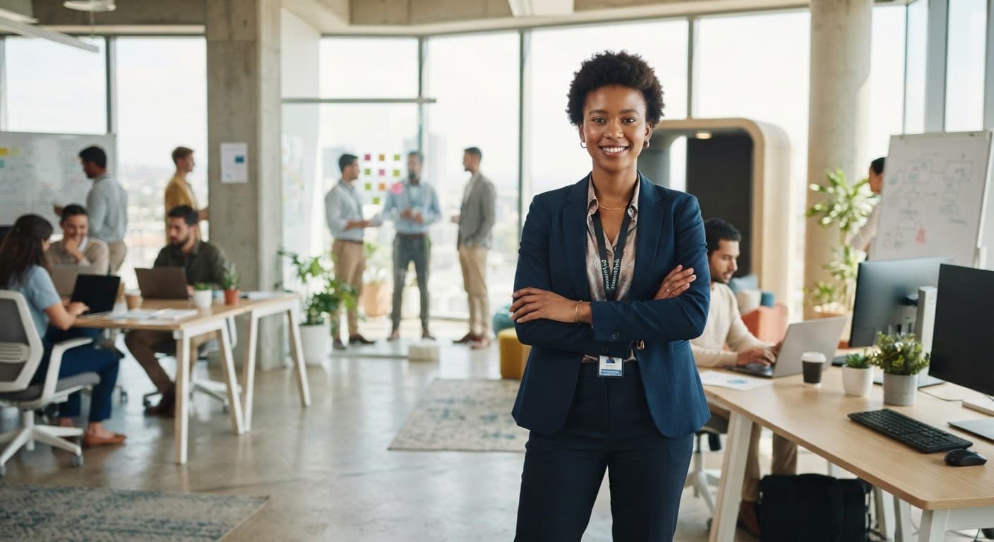 Une professionnelle de la data, souriante, dans un open space lumineux